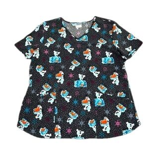 Disney Frozen Olaf Ice Snowflake Spot Gray Scrub Top Women’s Size L